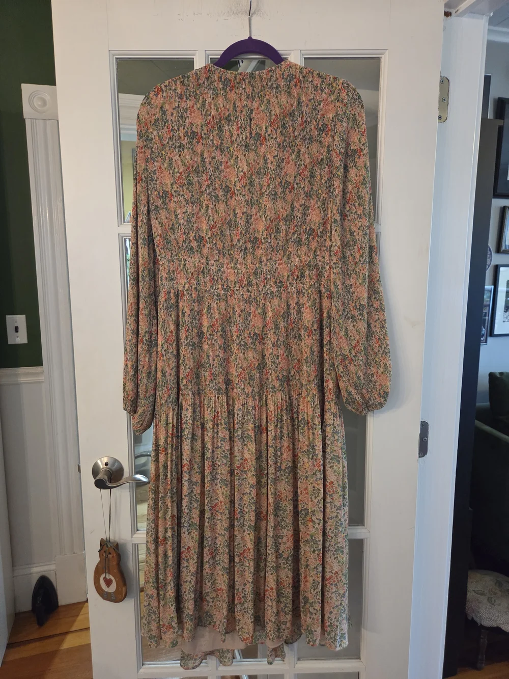 Boden Floral V-Neck Long Sleeve Midi Dress in Green and Beige - Size 14R - Picture 5 of 11